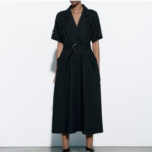 Zara Linen Blend Midi Shirt Dress in Black